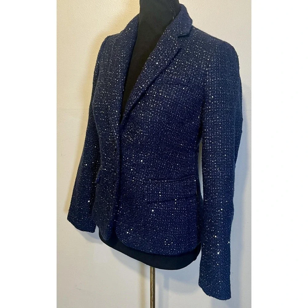 J.Crew‎ Blazer Womens 00 Navy Blue Sequin Tweed Two Button Notch Lined Jacket